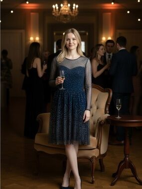 GBG Los Angeles Navy Mesh Midi Dress with Sparkle